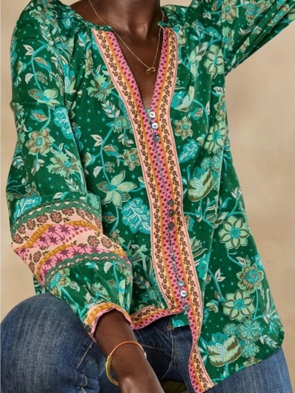 Sundance Arvilla Green Floral V-Neck Peasant Blouse with Pink & Gold Trim